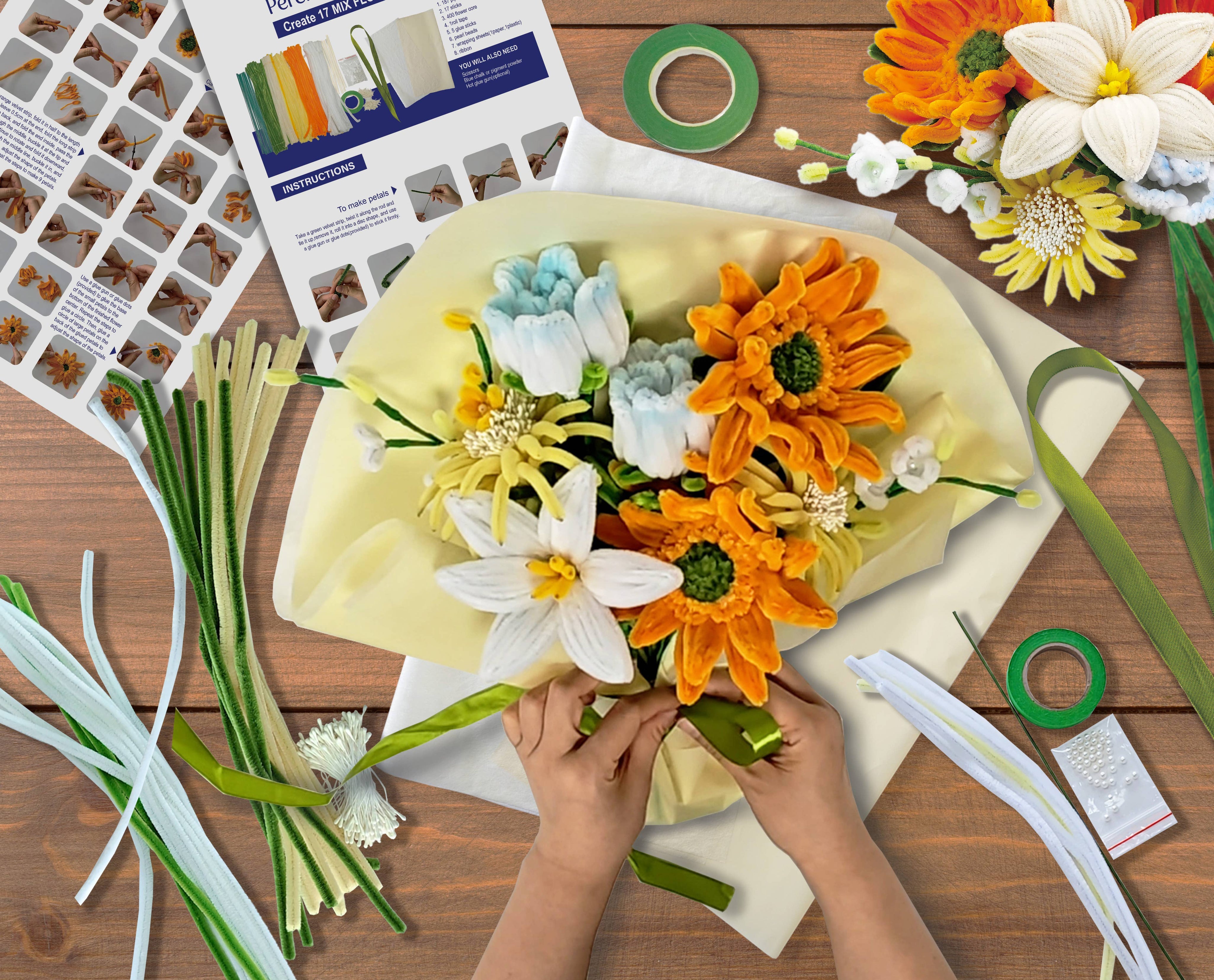 DIY Chenille Flower Bouquet Kit – Orange Mix