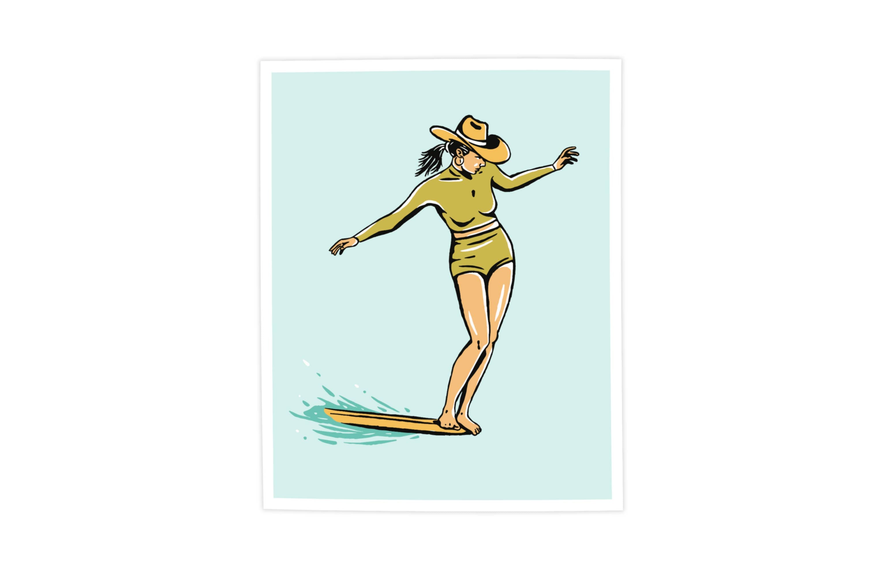 Kamin Tersieff - Surf Cowgirl - Nose Riding Print - Illustration Poster: 8x10