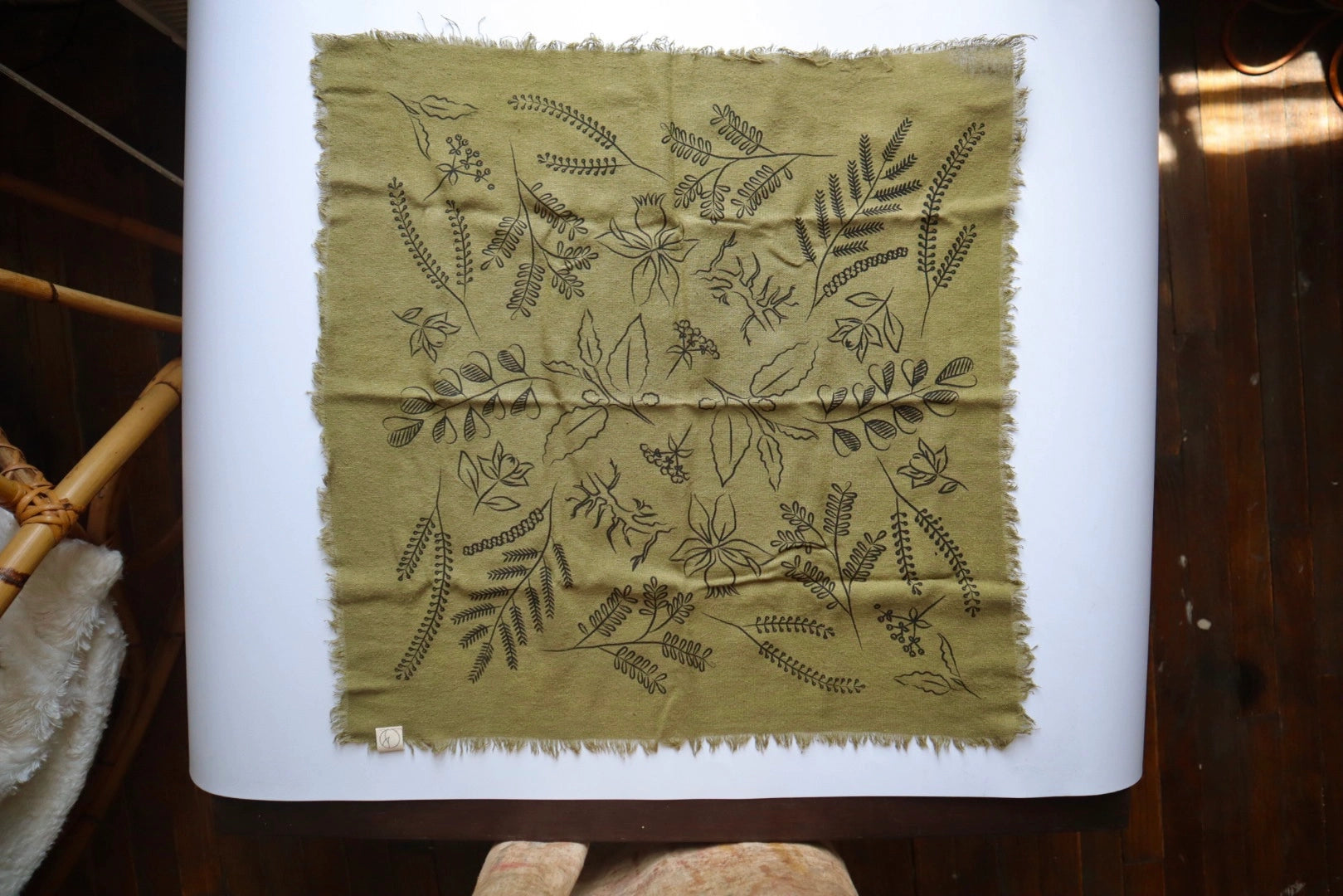 Olive Green Naturally Dyed Botanical Print Bandana