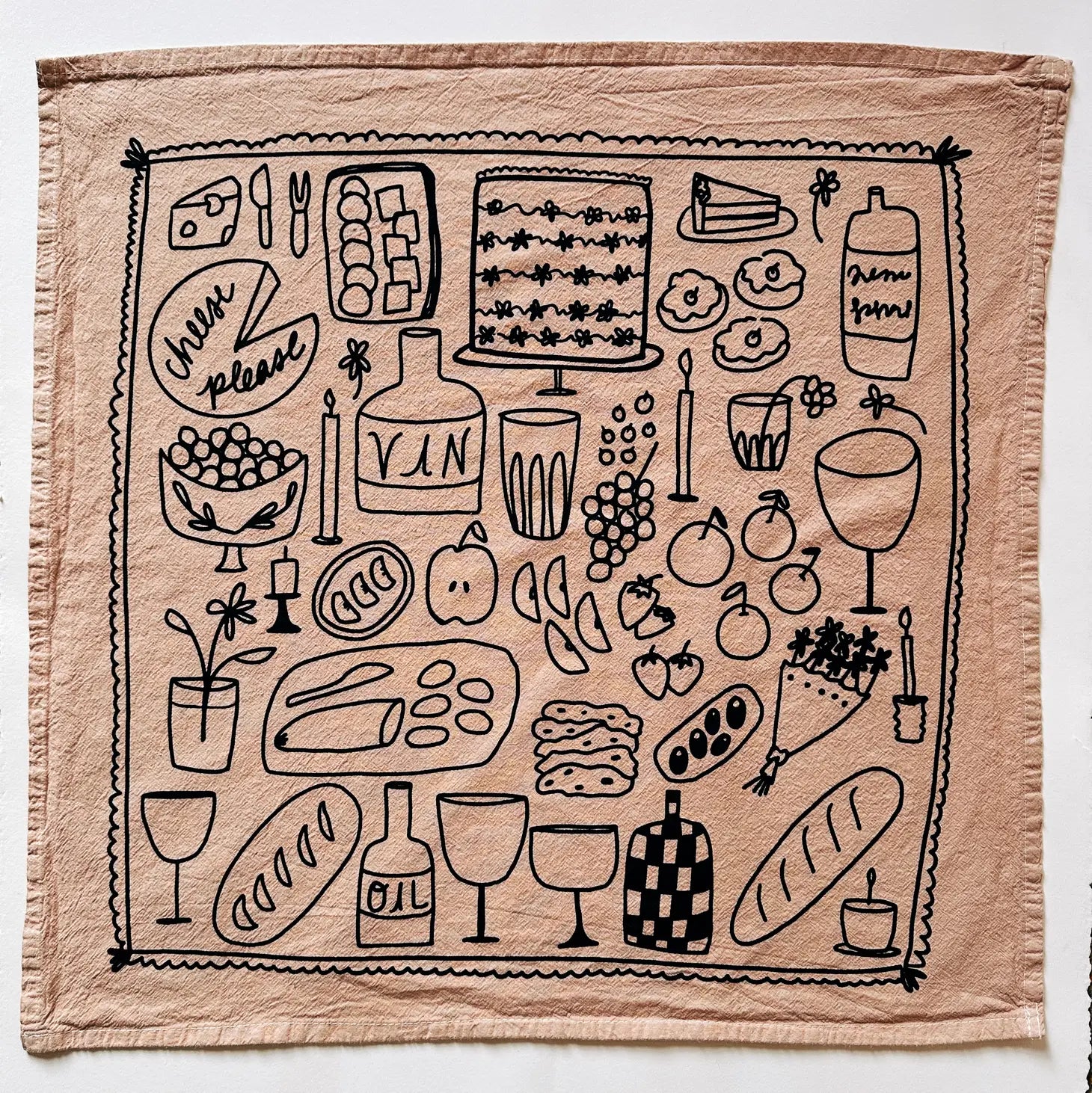 Picnic on Taupe Cotton Tea Towel