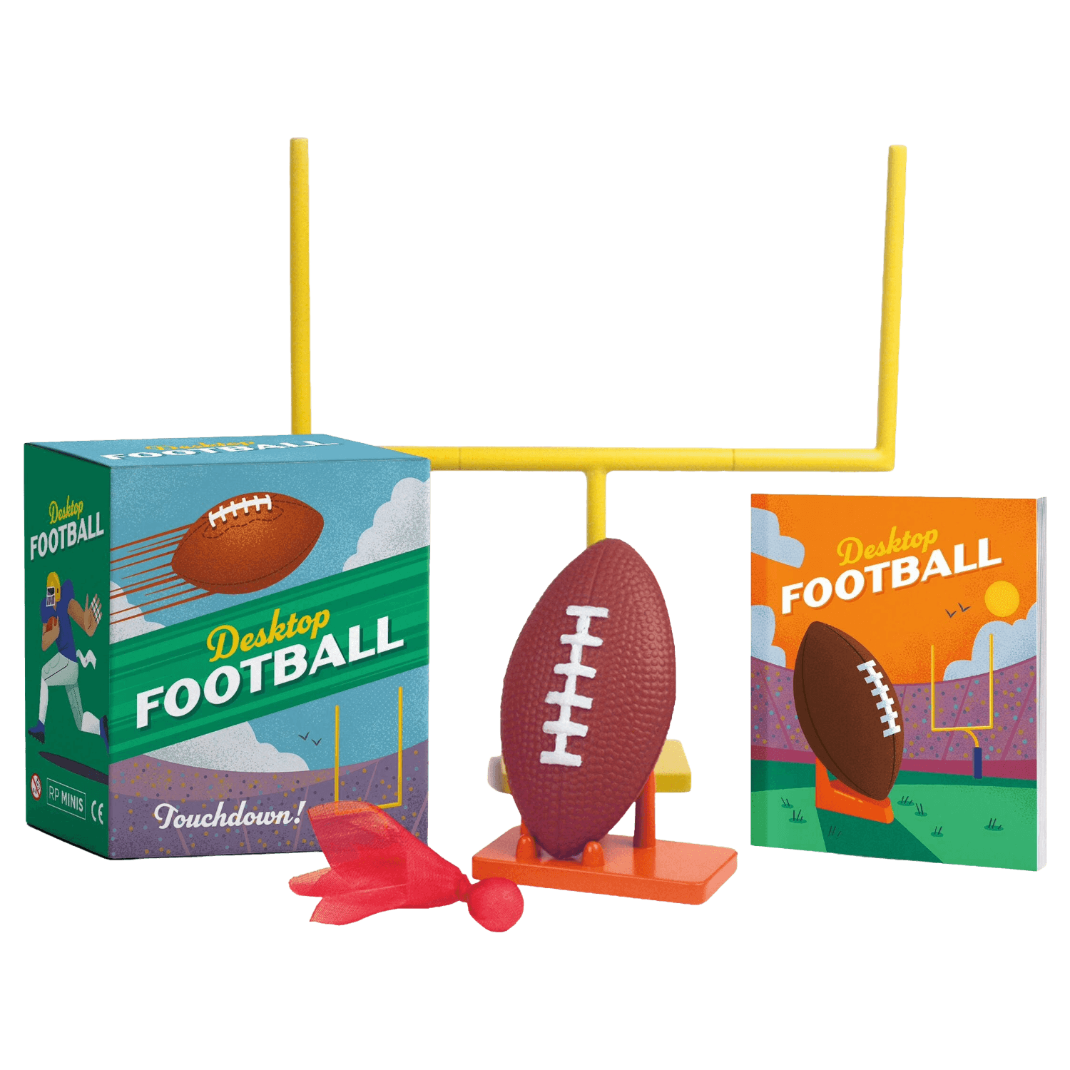 Desktop football set with two packaging boxes and a football stand.
