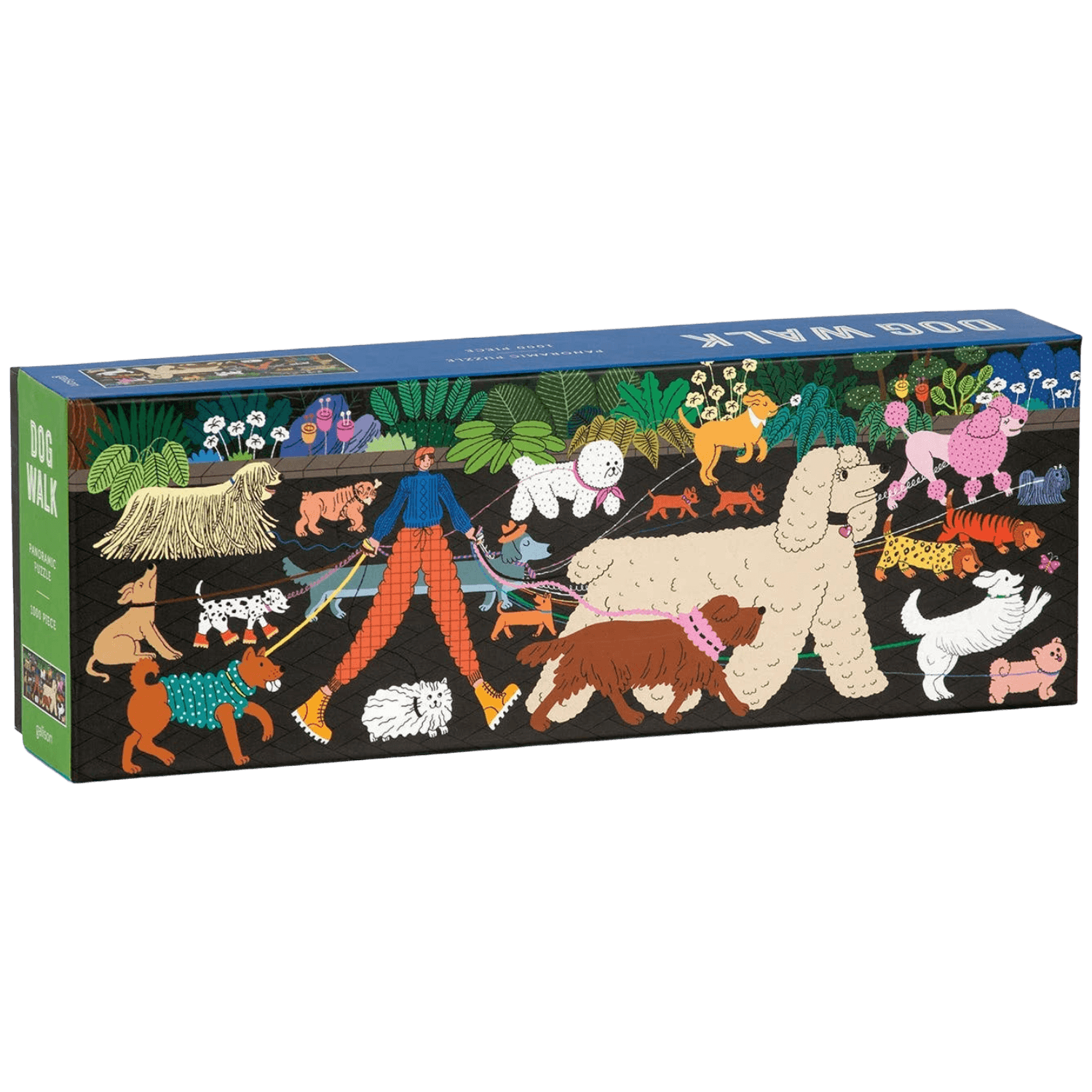 Puzzle box with illustrations of people and dogs.