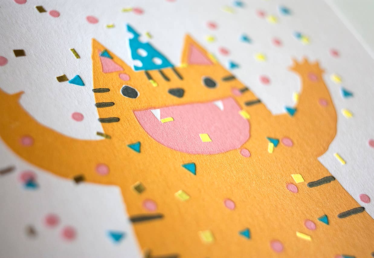 Confetti Cat Party Letterpress Greeting Card