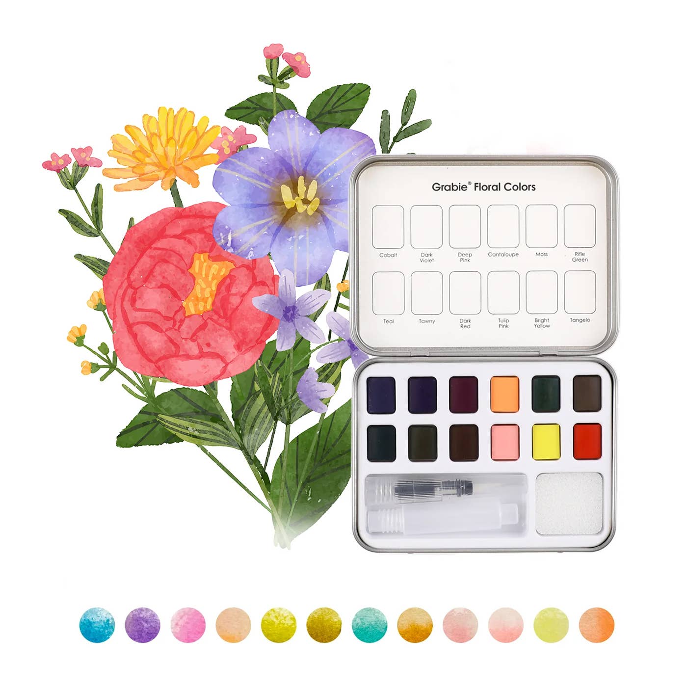 Duplicate Watercolor Pocket Set Of 12 With Brush - Floral Colors