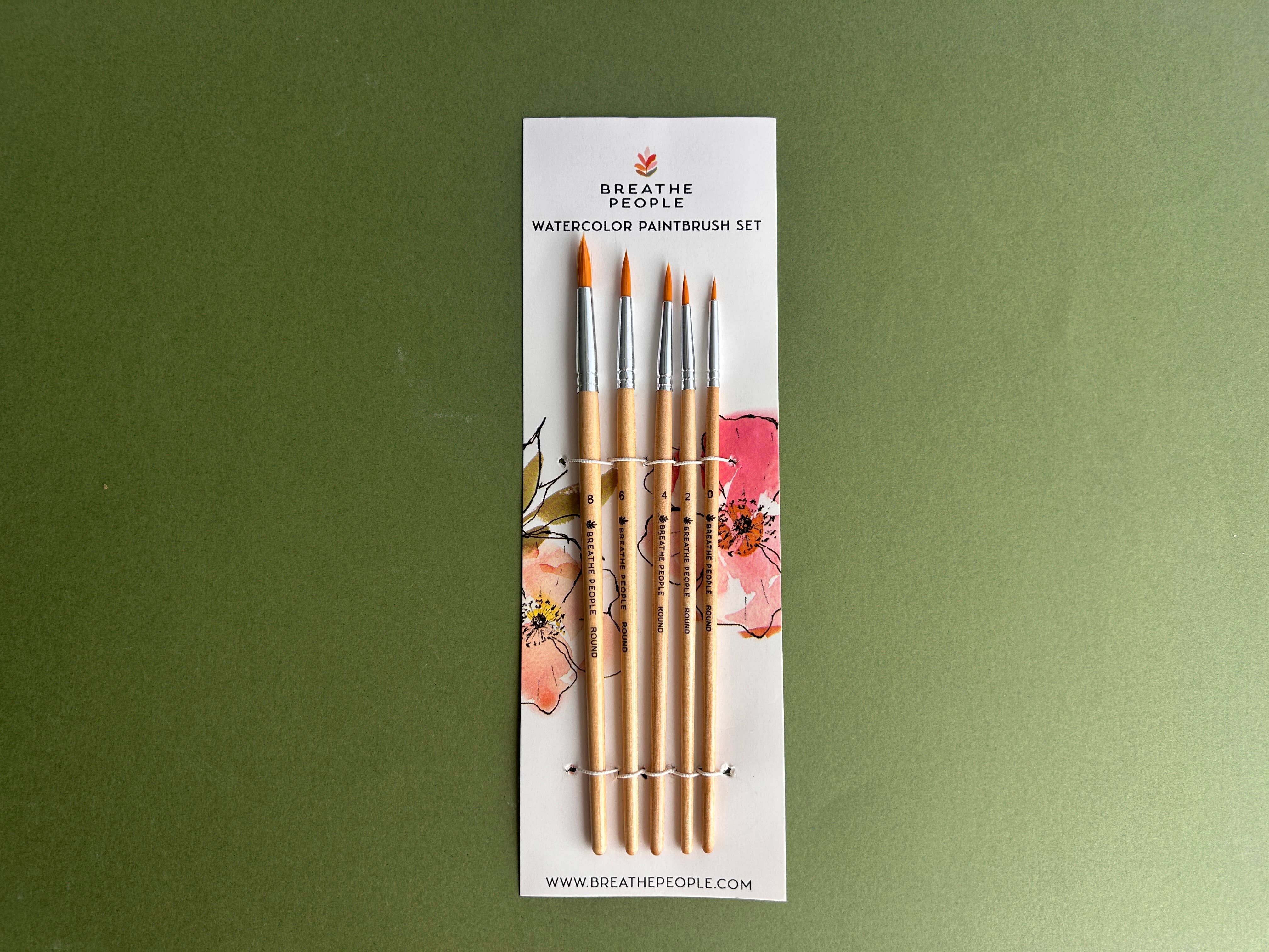 5-Piece Round Watercolor Brush Set, Full Range, Sizes 0-8