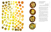 Color swatch chart with yellow tones and bowls of food on a white background