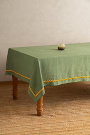 Minimalist Yellow Lace Linen Tablecloth: Aqua Blue or Retro Green