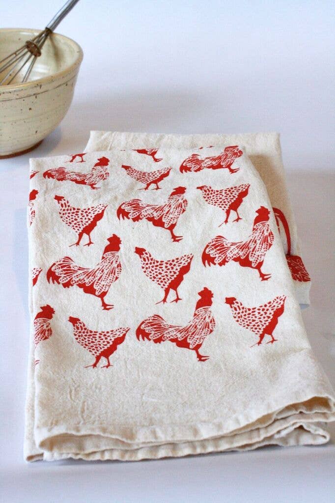 Rooster Handprinted Kitchen Tea Towel: Red on Natural