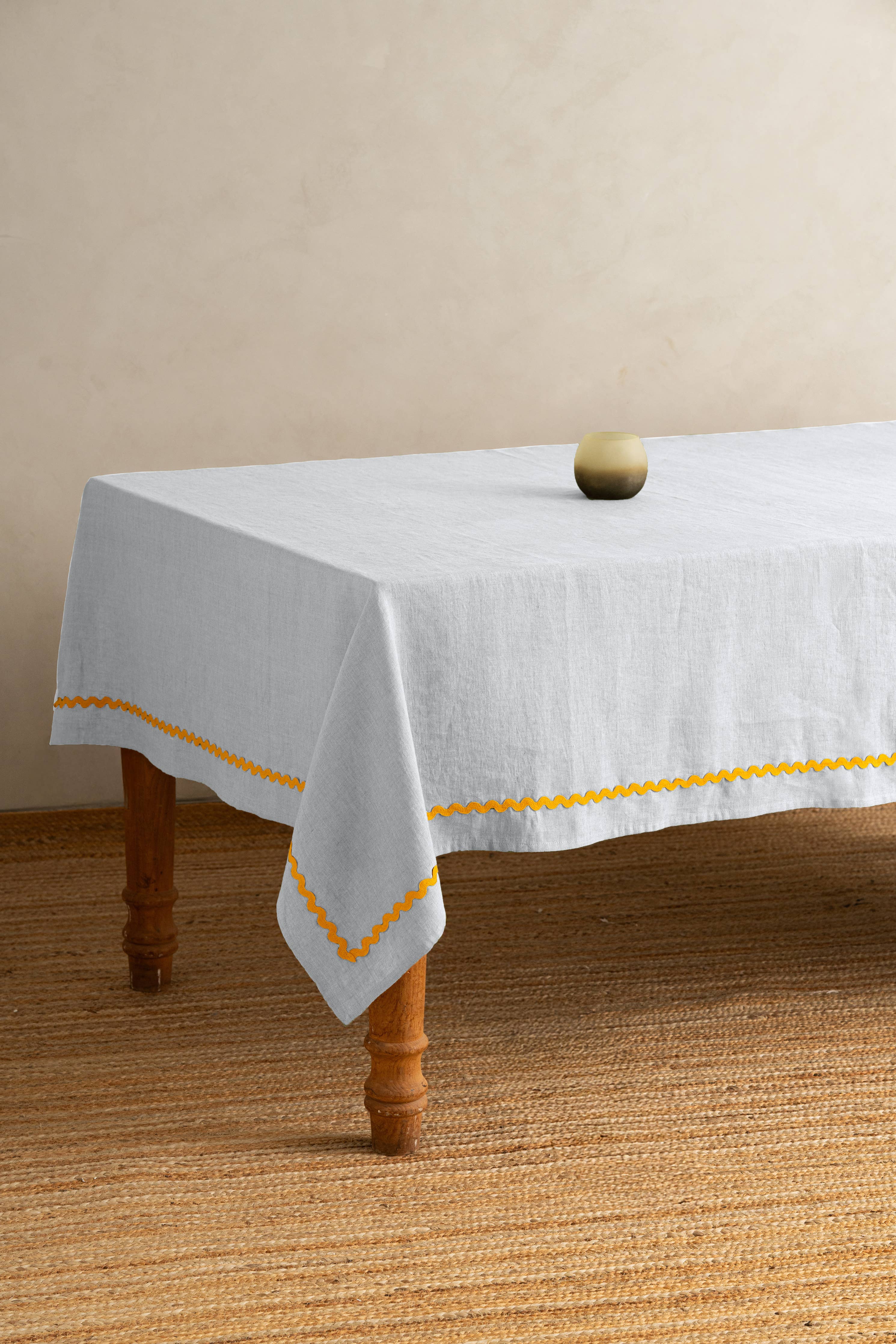Minimalist Yellow Lace Linen Tablecloth: Aqua Blue or Retro Green
