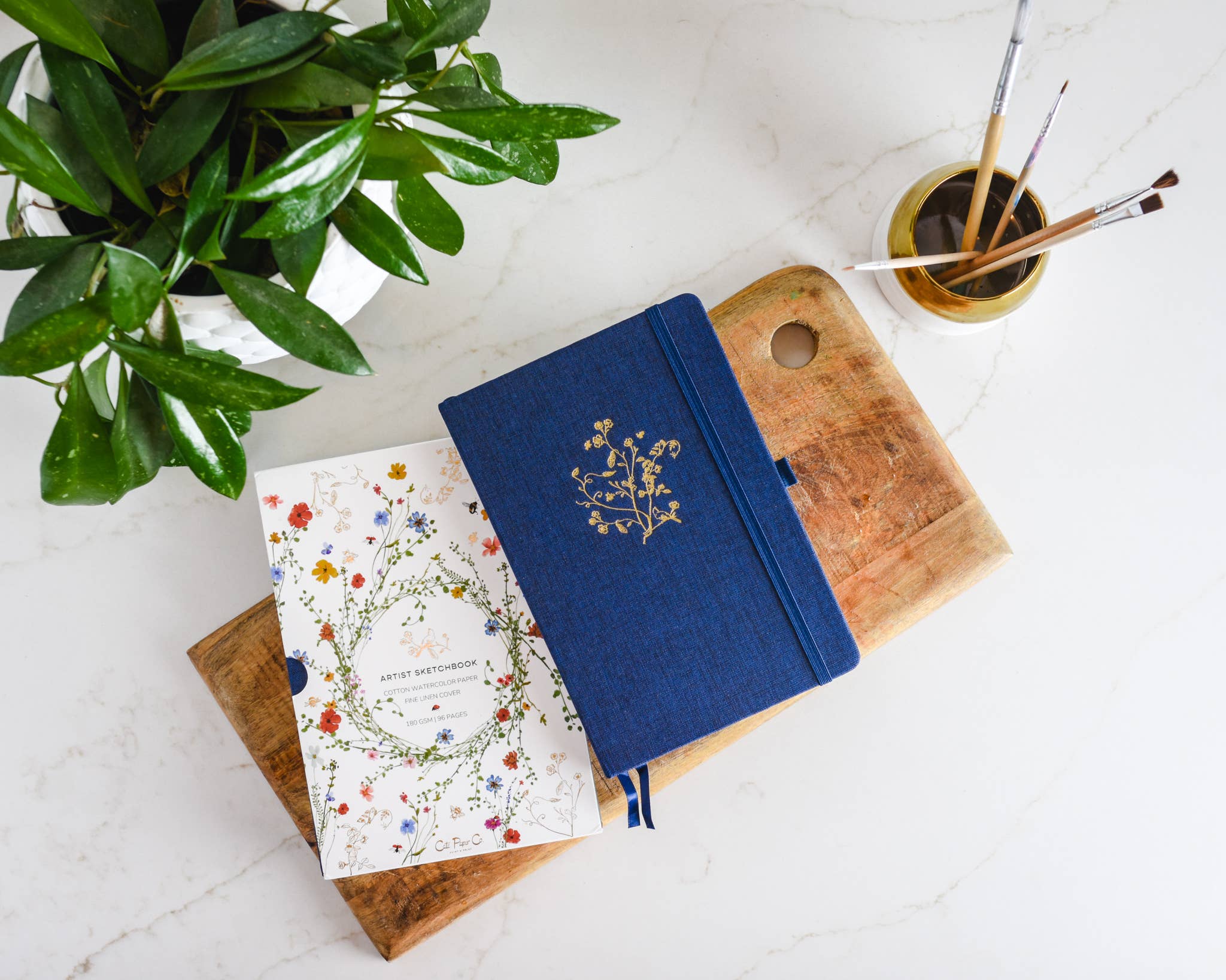 Navy Blue | Gold Floral Embossed Linen Sketchbook