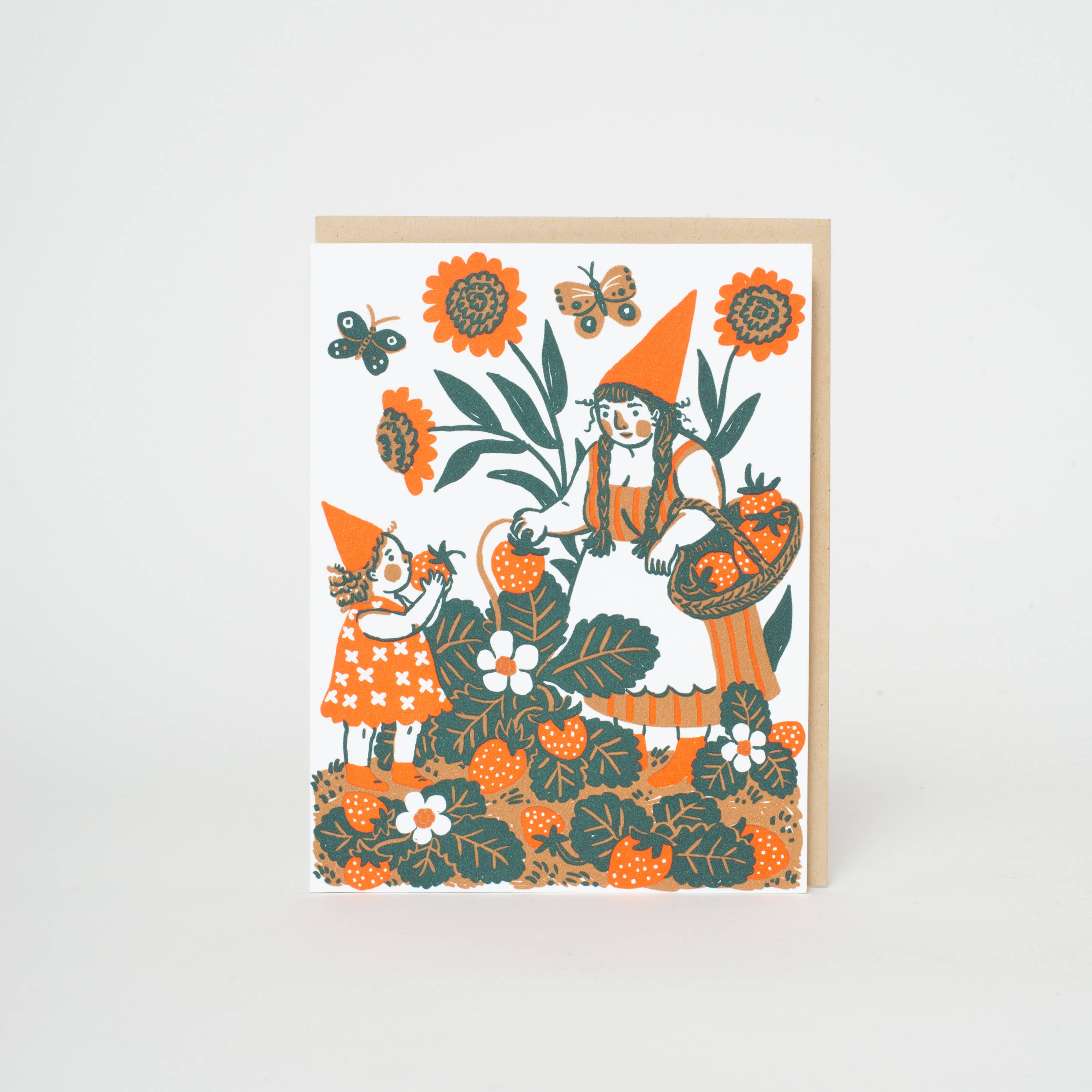 Strawberry Picking Gnome Letterpress Greeting Card