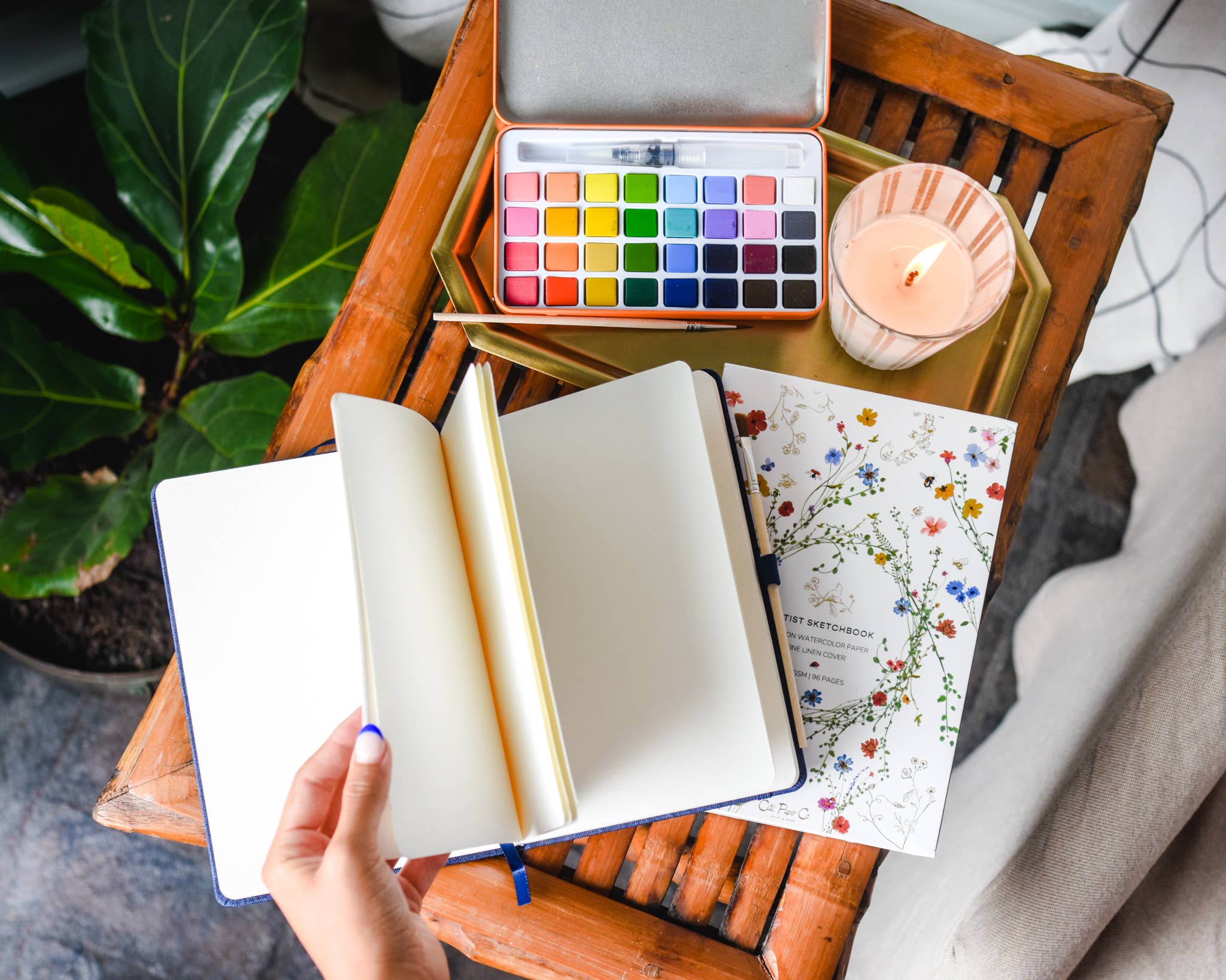 Navy Blue | Gold Floral Embossed Linen Sketchbook