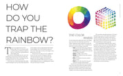 Book page spread with text and color wheel illustrations on a white background
