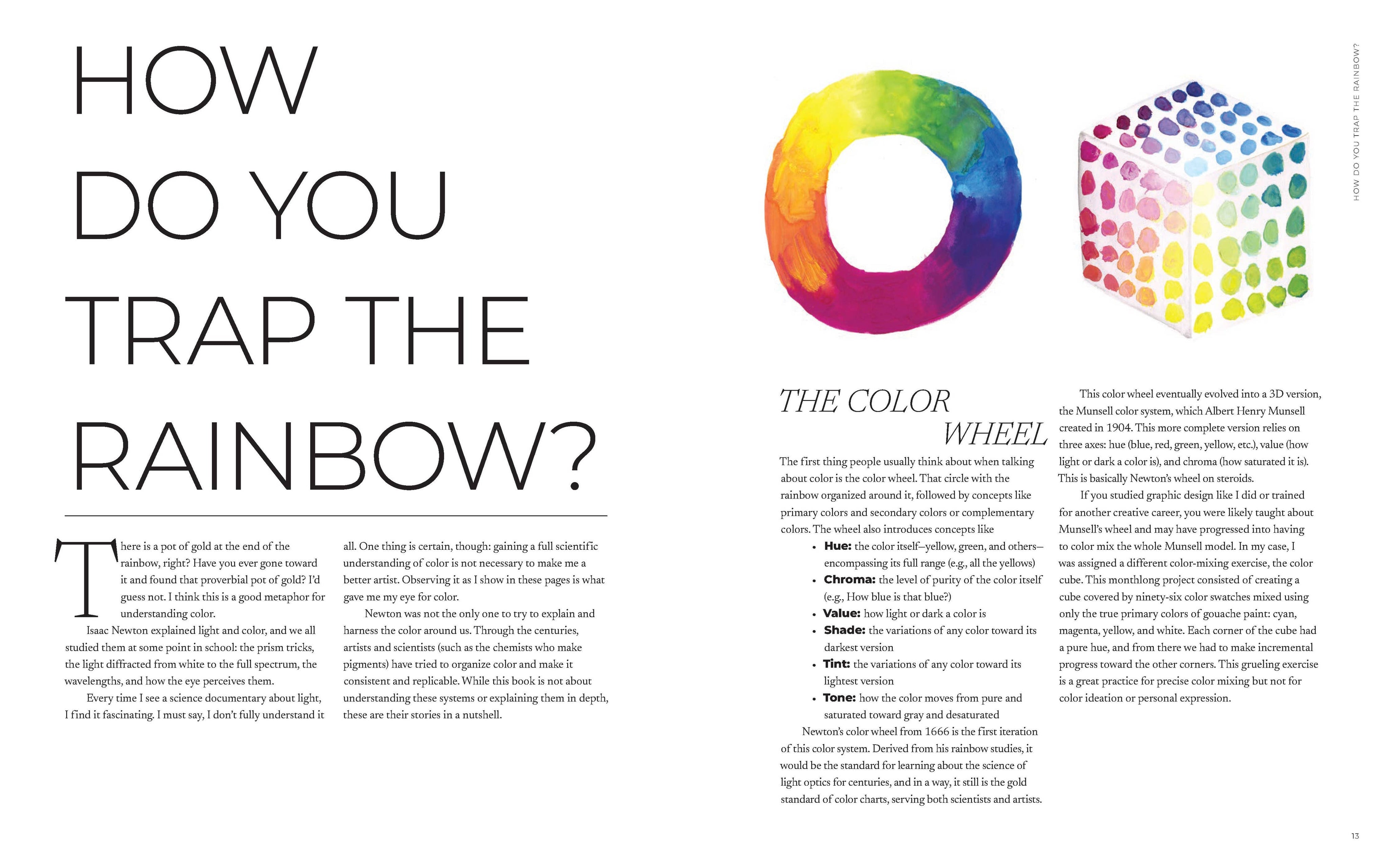 Book page spread with text and color wheel illustrations on a white background