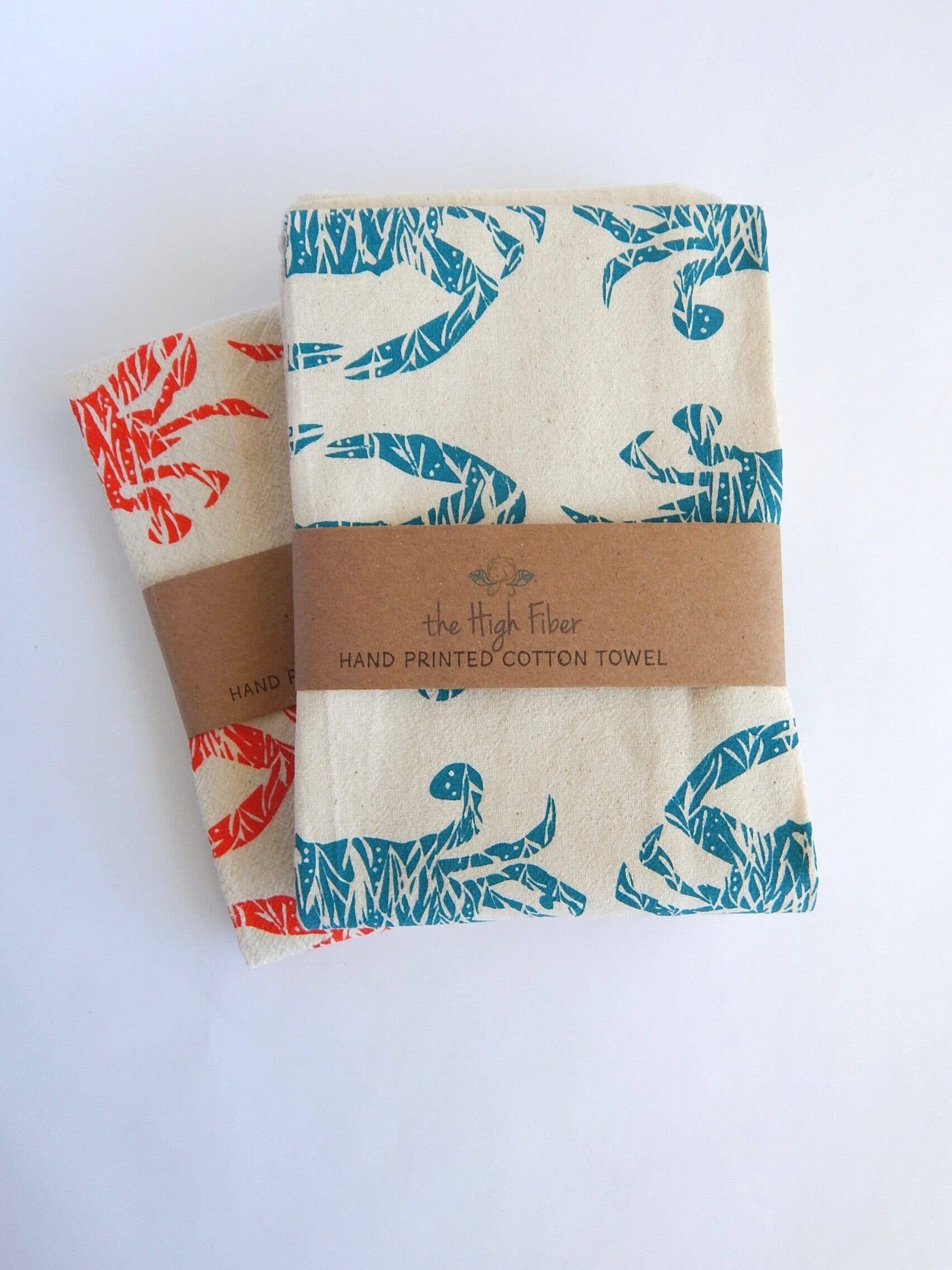 Crab Handprinted Kitchen Towel: Teal Blue