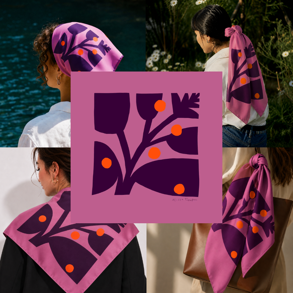 Purple and Red Botanical 100% Silk Scarf