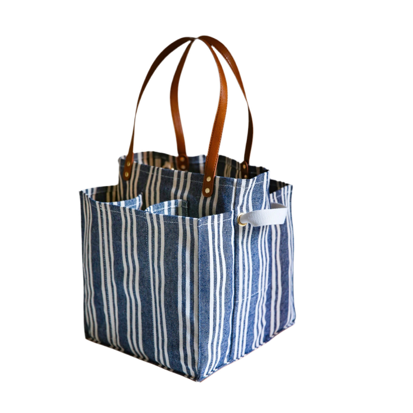 Canvas Market Tote: Blue Striped w/Brown Handles and Base