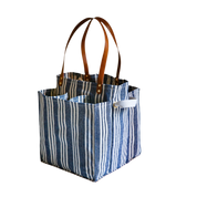 Canvas Market Tote: Blue Striped w/Brown Handles and Base