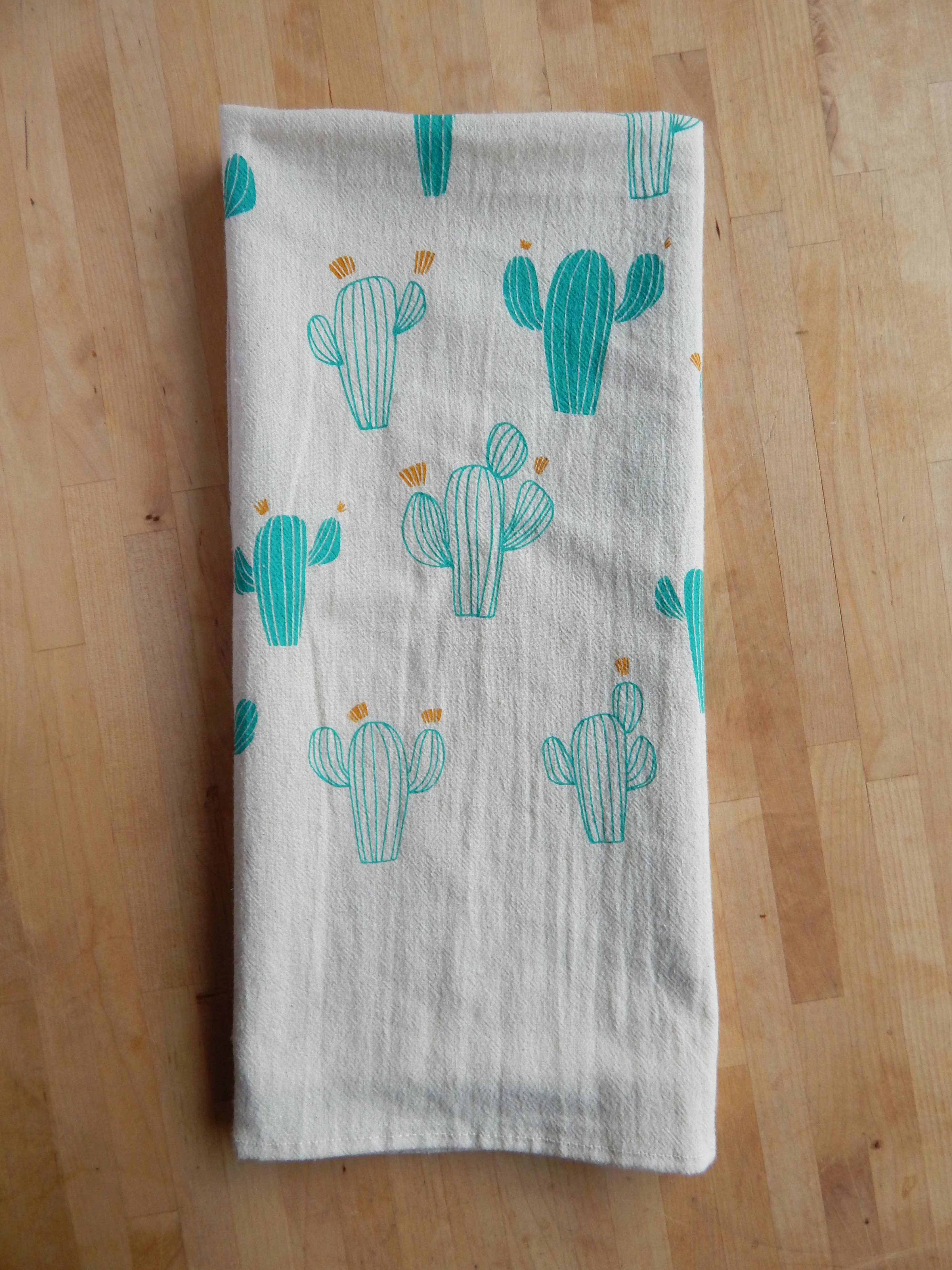 Cacti Towel, Handprinted Cotton Kitchen Towel