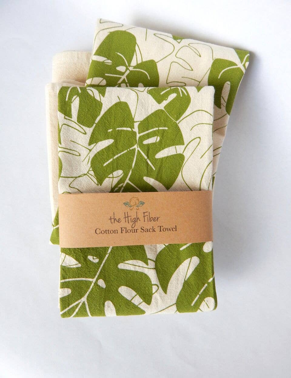 Monstera Handprinted Tea Towel: Moss on Natural