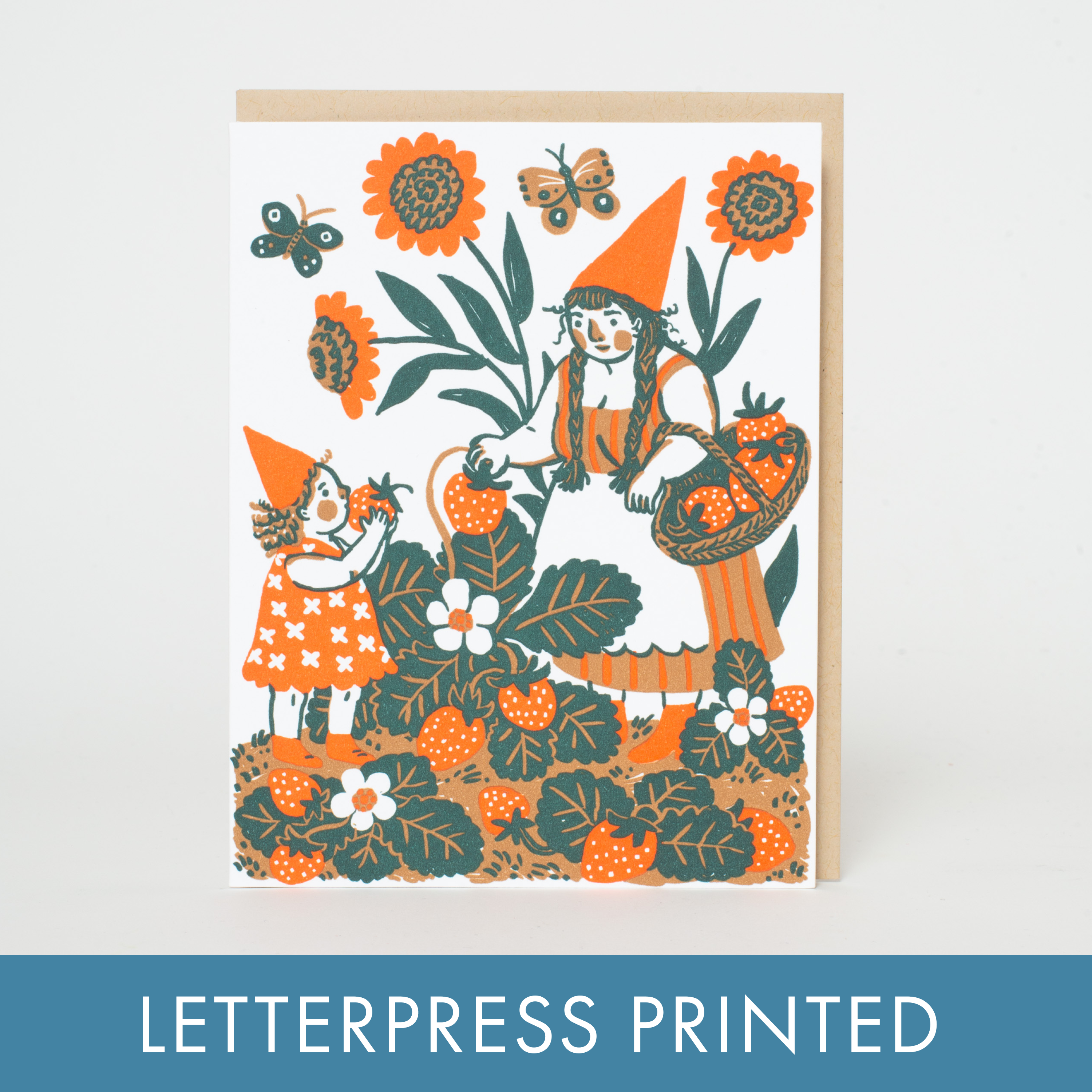 Strawberry Picking Gnome Letterpress Greeting Card