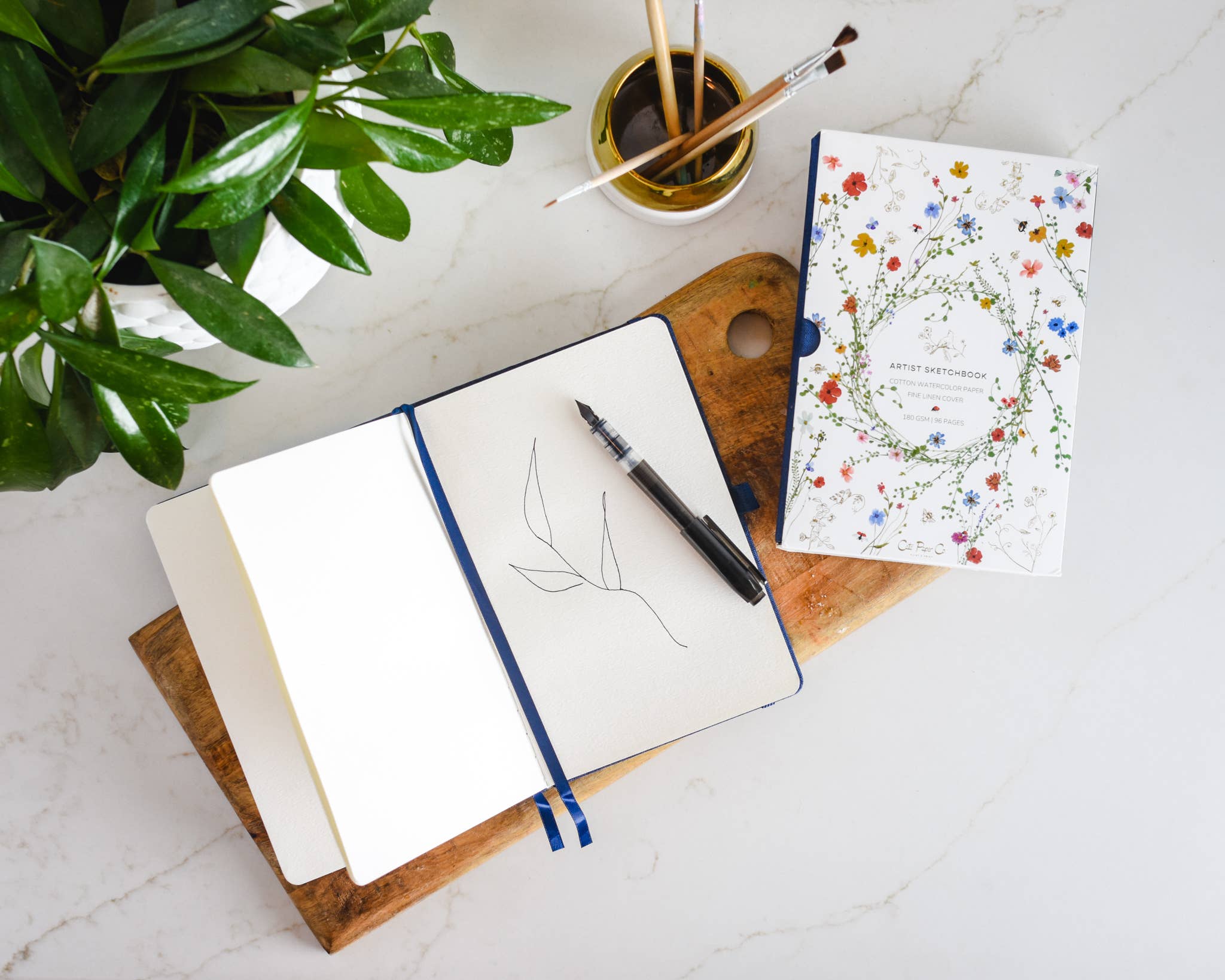 Navy Blue | Gold Floral Embossed Linen Sketchbook