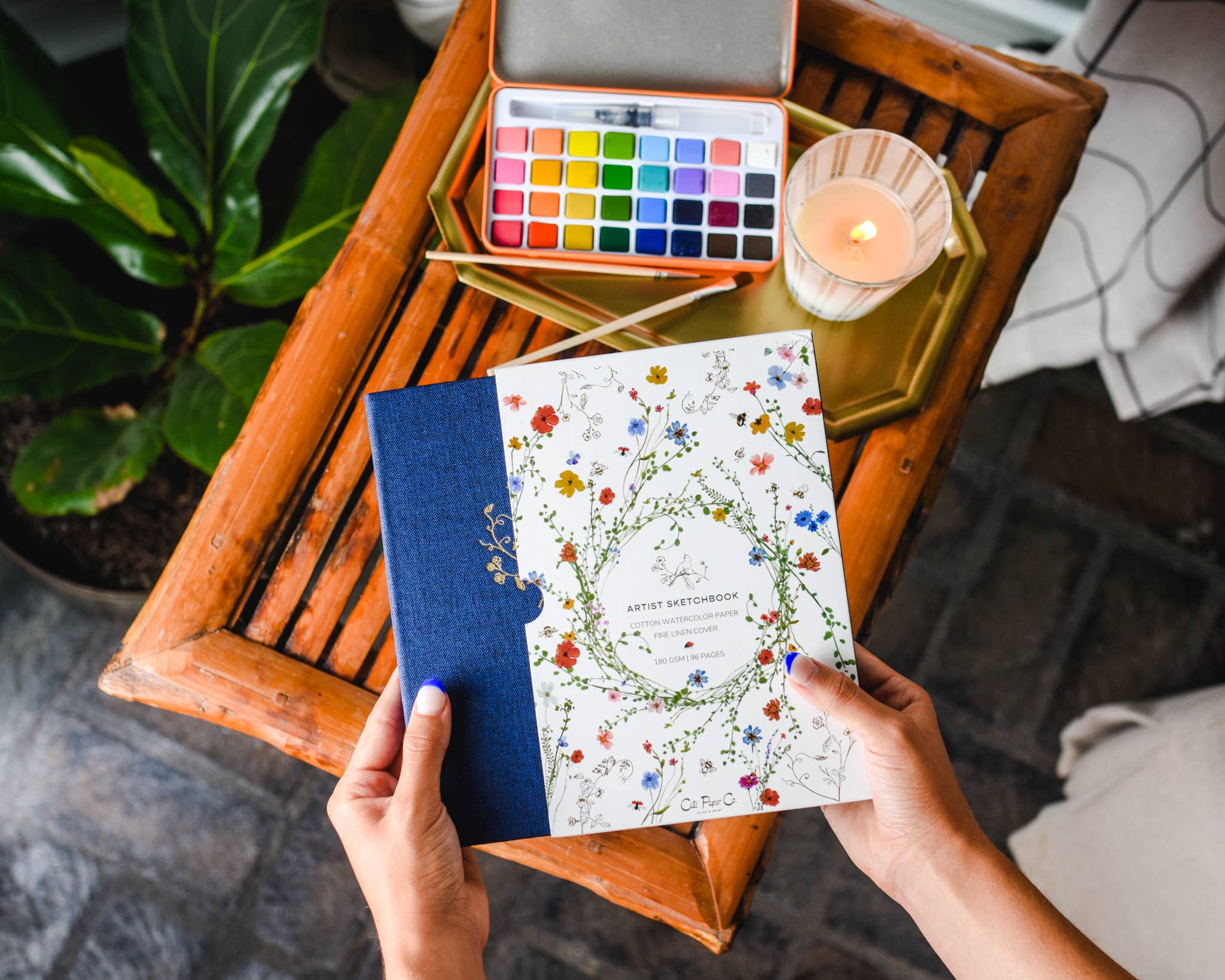 Navy Blue | Gold Floral Embossed Linen Sketchbook