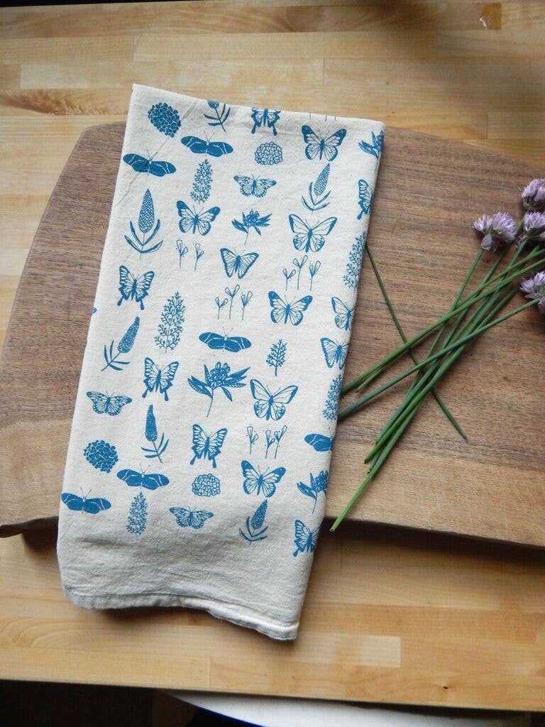 Butterfly Handprinted Kitchen Tea Towel: Blue on Natural