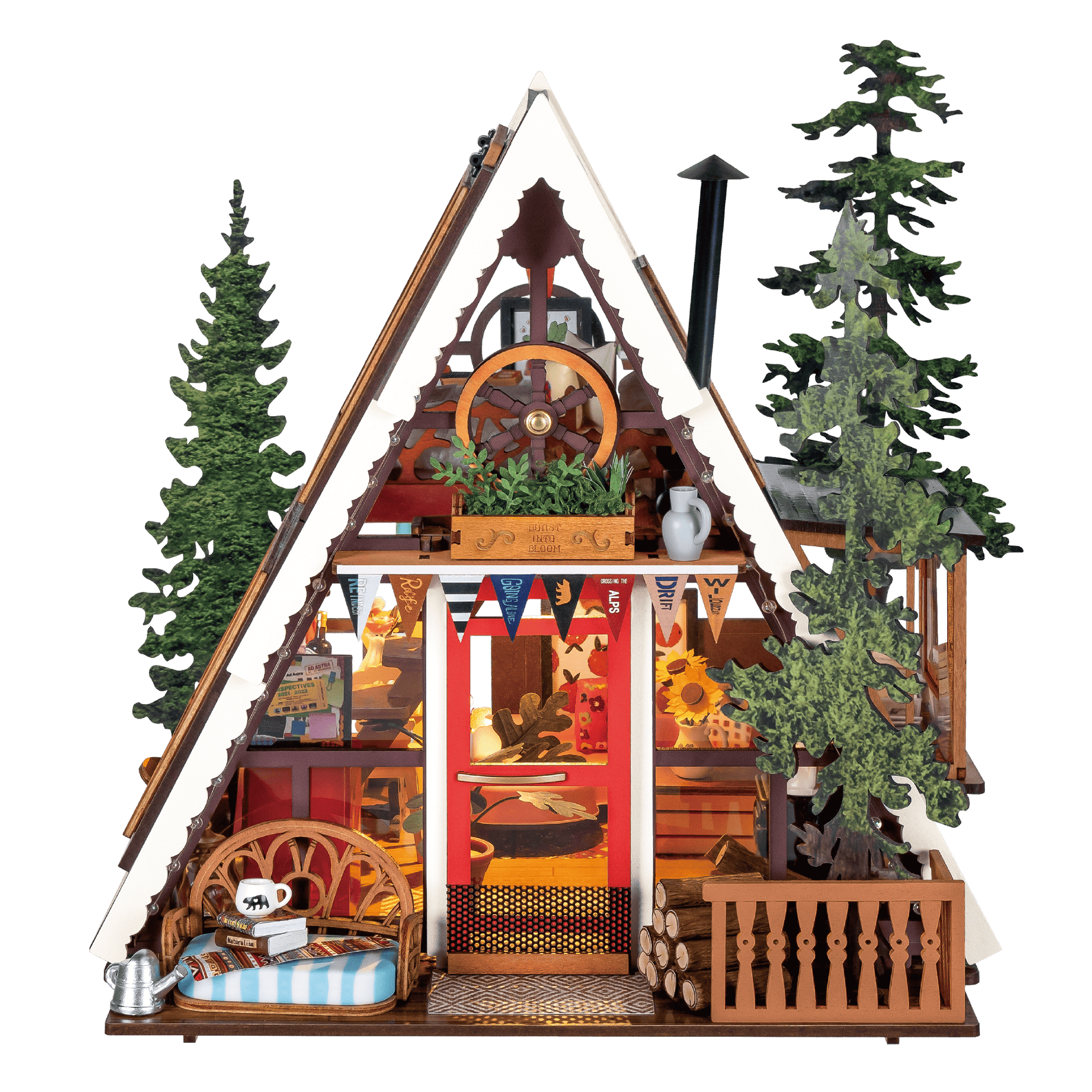 Wooden model of an A-Frame cabin with detailed interior and exterior, surrounded by trees.