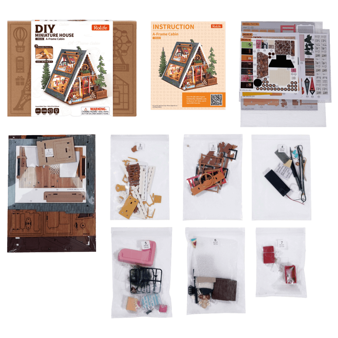 DIY miniature A-Frame Cabin kit components including packaging, instructions, and parts.