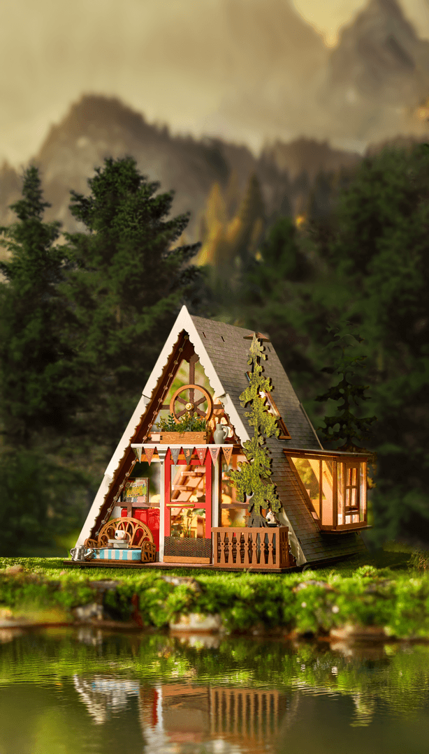 Wooden cabin in a forest with mountains in the background