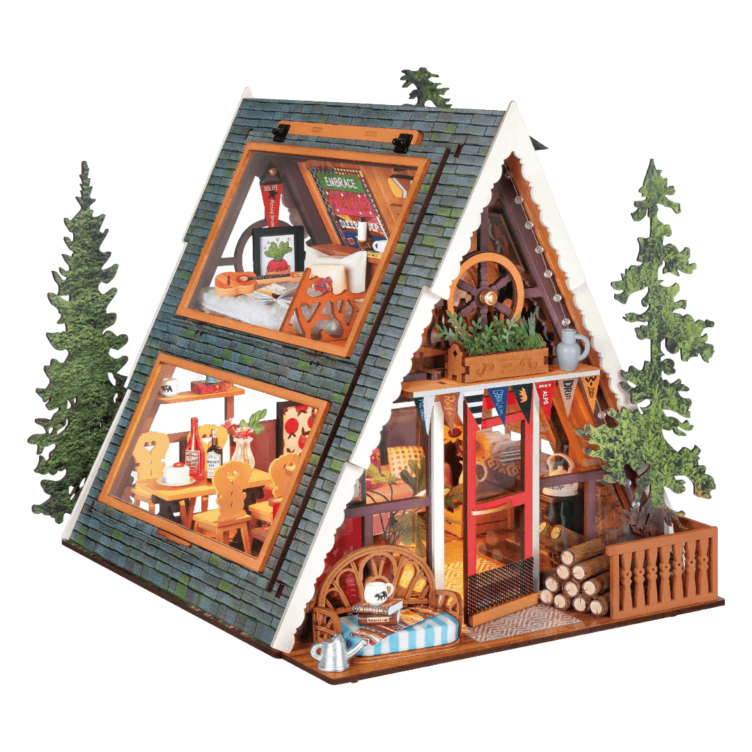 Model of a wooden cabin with detailed interior and exterior with trees.