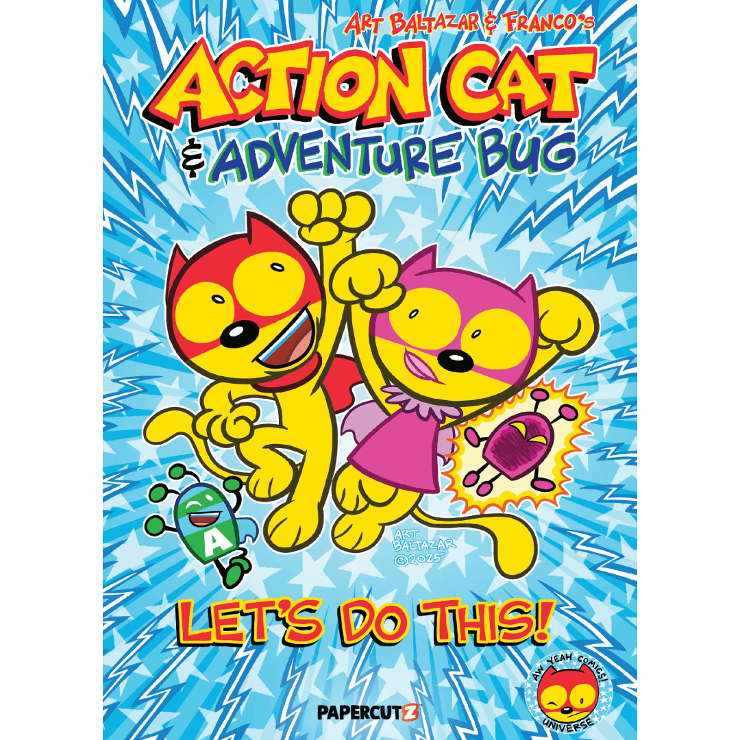 Cover of 'Action Cat & Adventure Bug' with two cartoon cats and a blue background