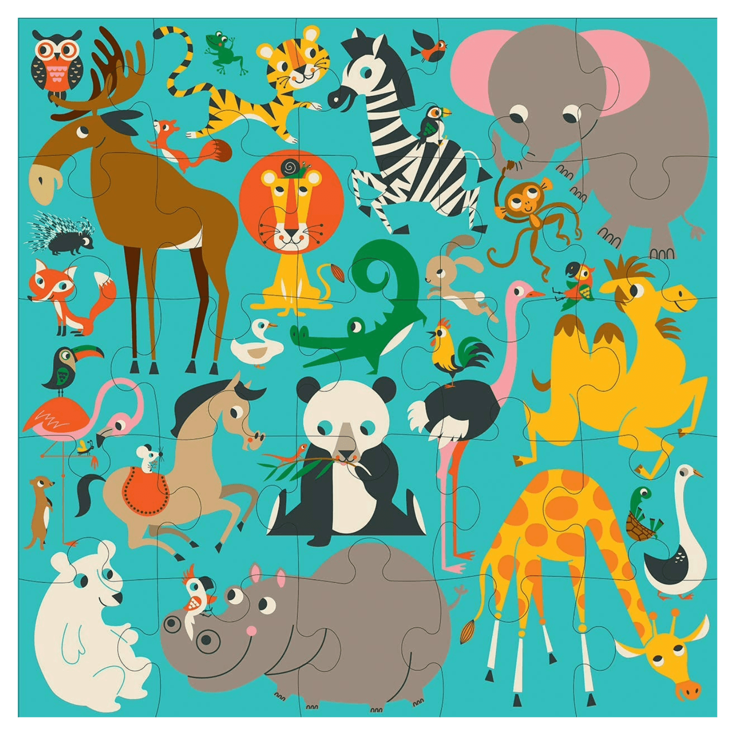 Children's puzzle with various cartoon animals on a blue background