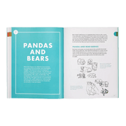 Open book showing a section about pandas and bears with illustrations on a white and bright blue pages.