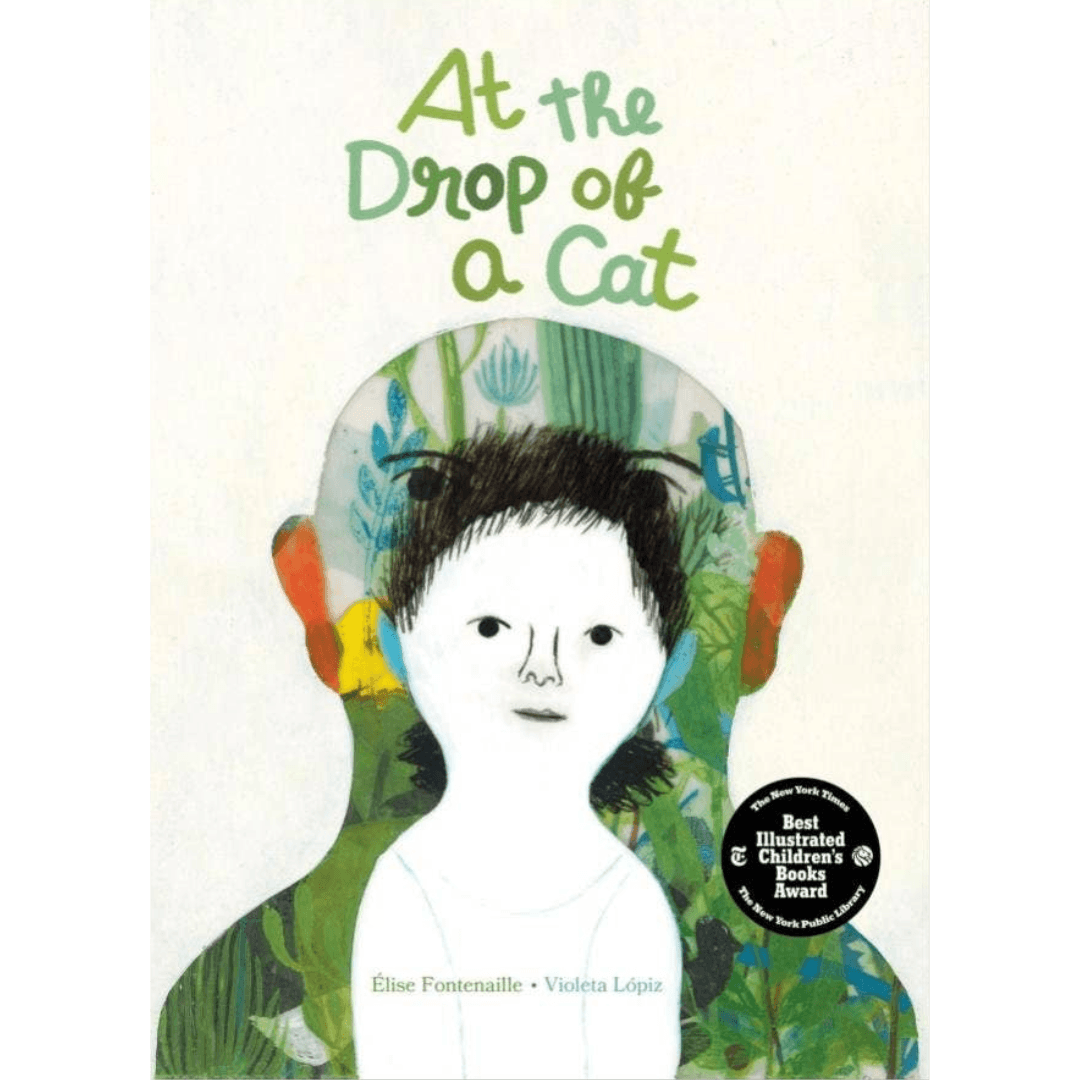 Book cover of 'At the Drop of a Cat' with a stylized illustration of a child and cat, and text on a white background.
