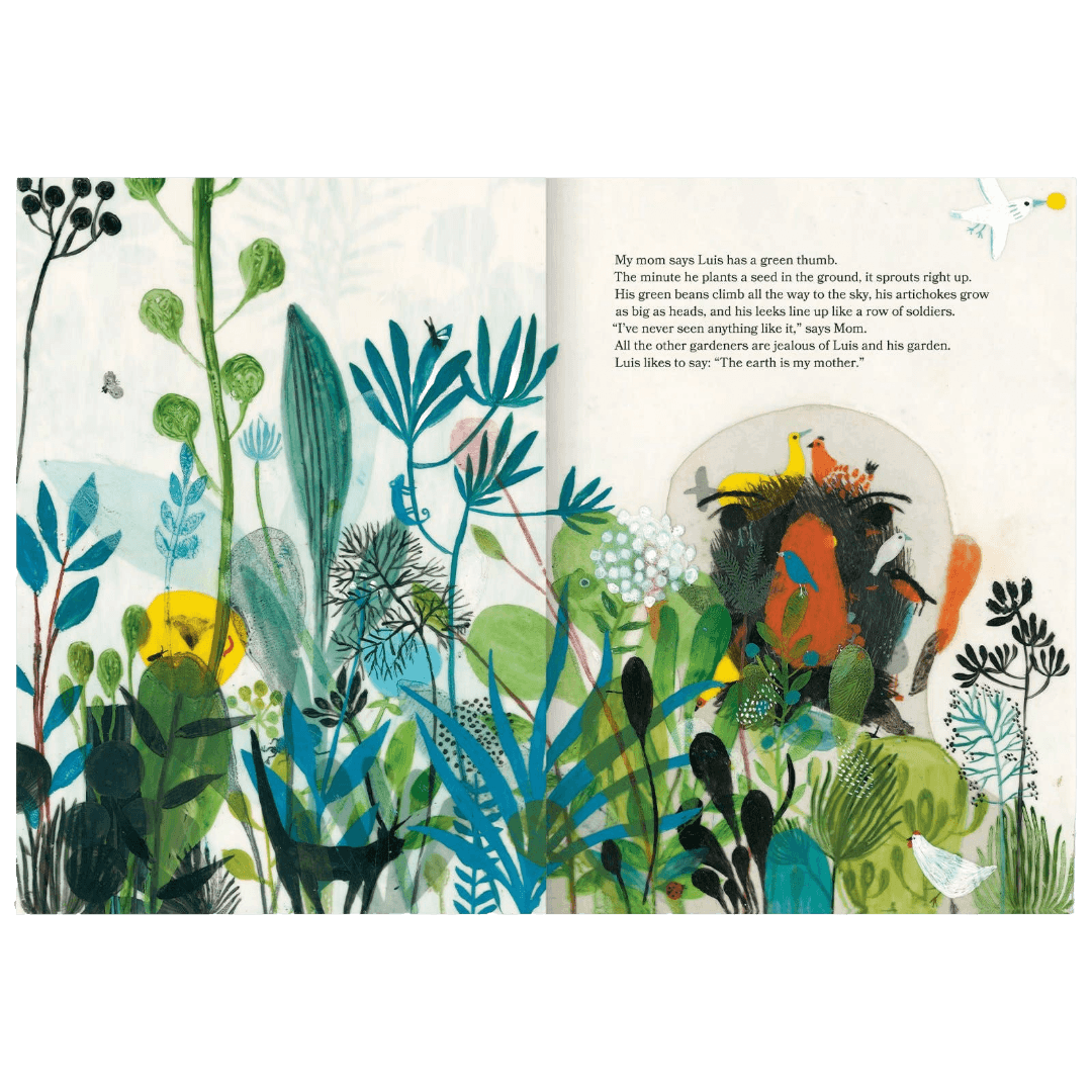 Illustrated book page with colorful plants and animals