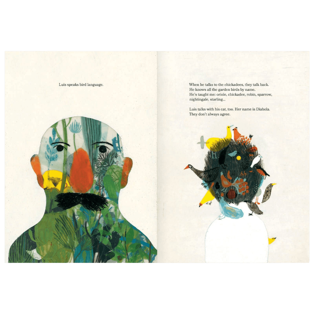 Illustrated book open to two pages with colorful character designs and text.