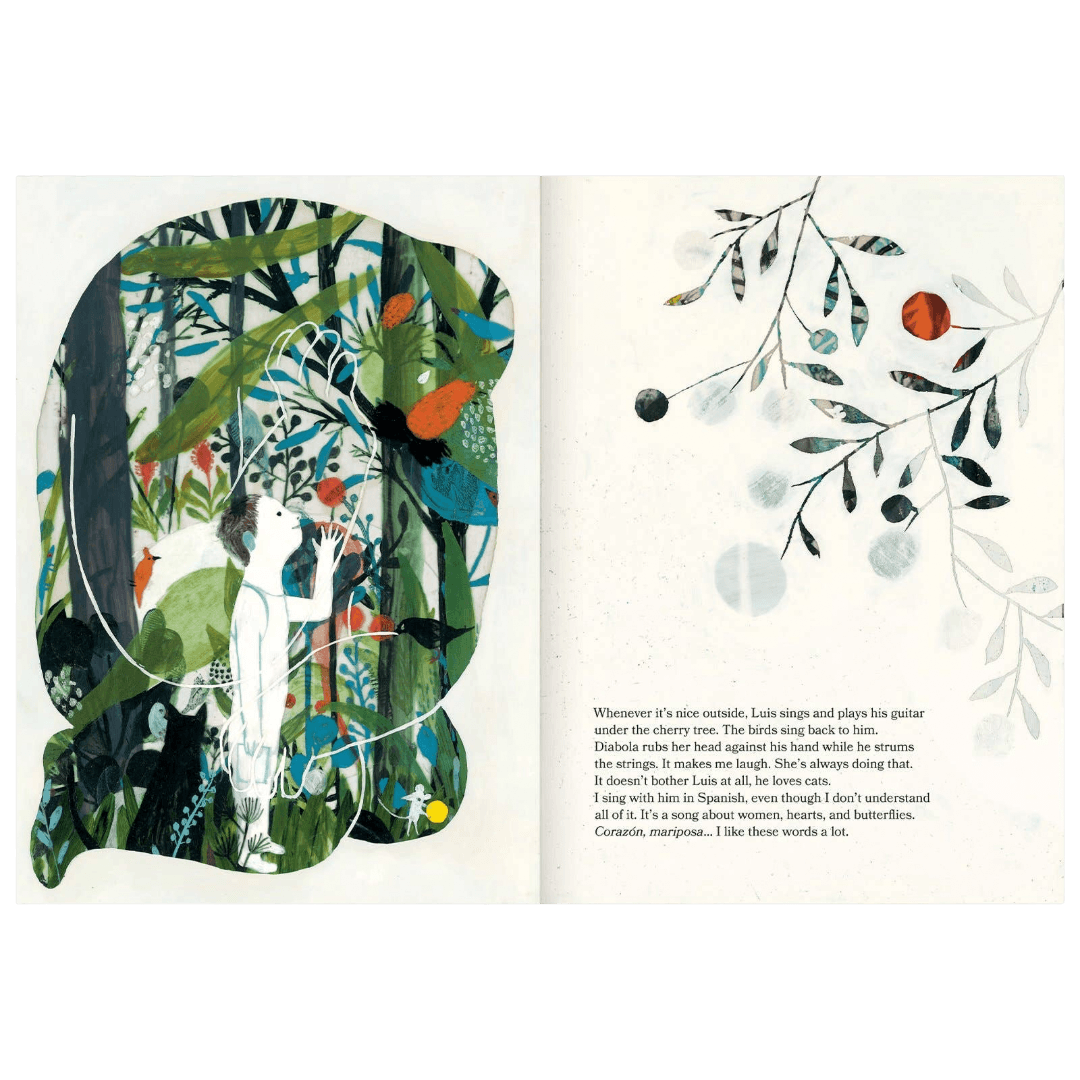 Illustrated book open to two pages with colorful nature-themed artwork and text.
