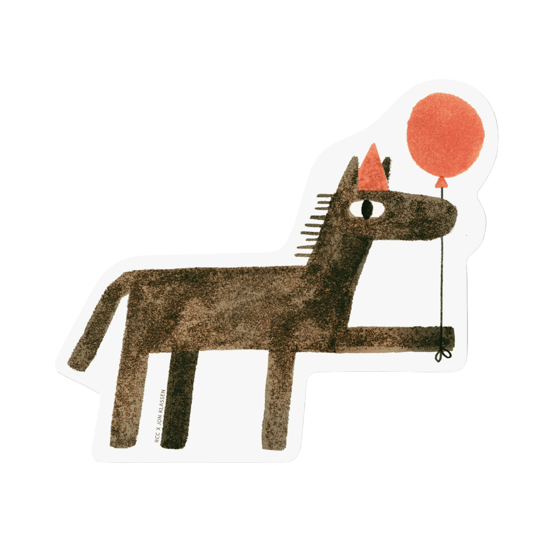 Sticker with an Illustration of a horse holding a red balloon on a white background