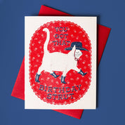 Birthday card with a cat design and text on a red envelope against a blue background