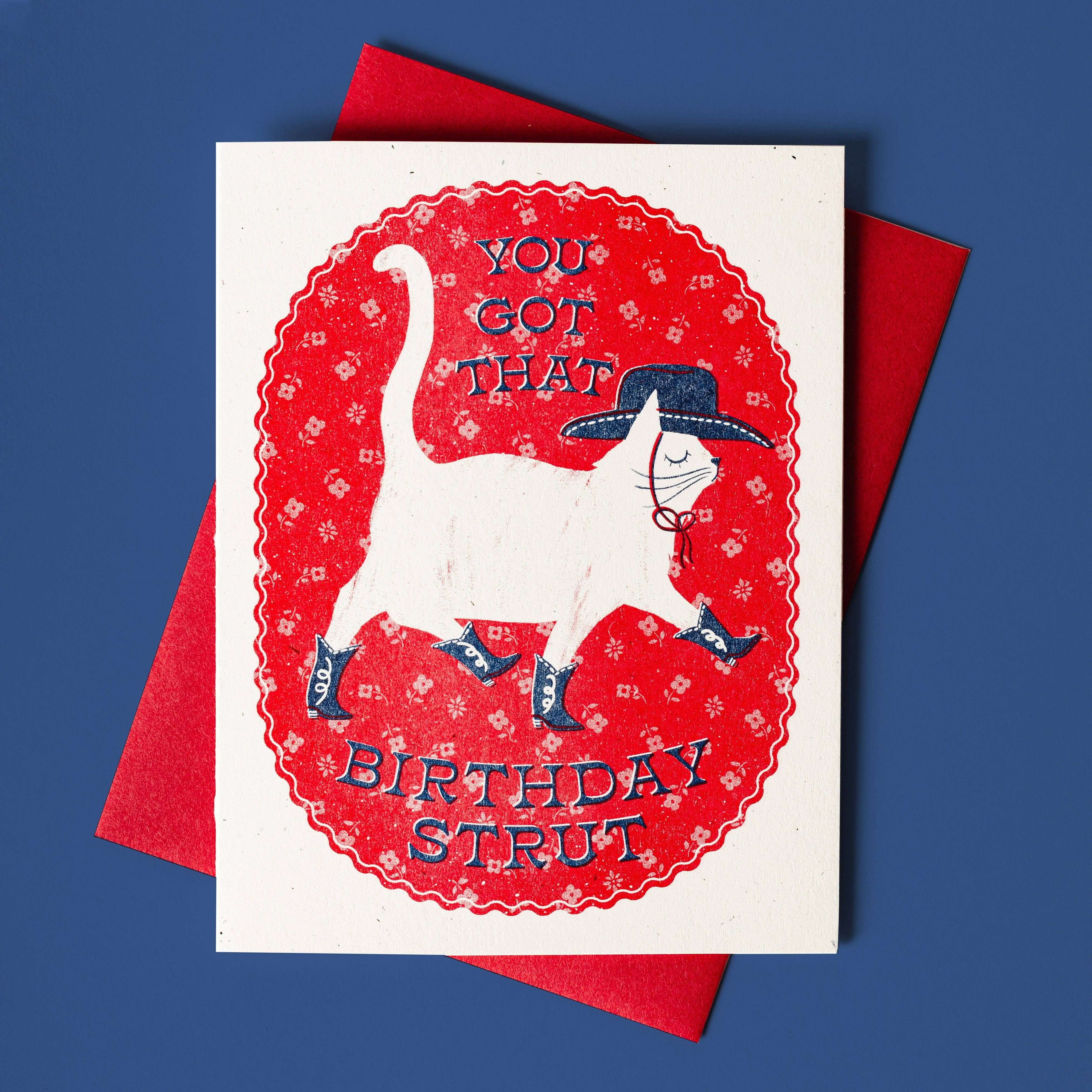 Birthday card with a cat design and text on a red envelope against a blue background