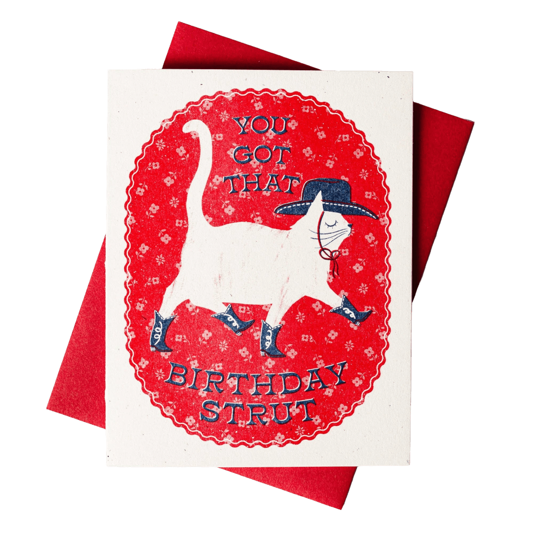Birthday card with a cat illustration and text with a red envelope