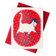 Birthday card with a cat illustration and text with a red envelope