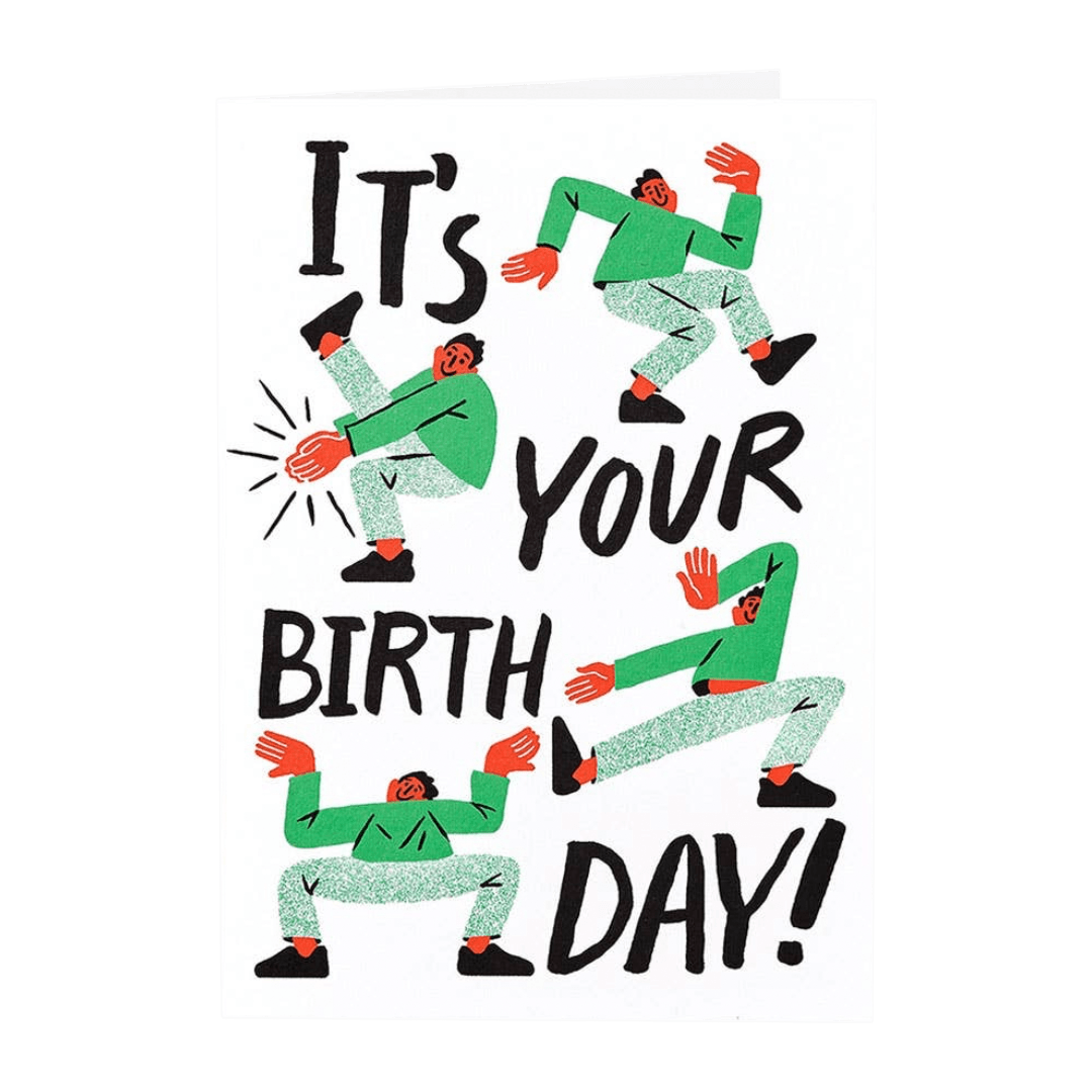 Birthday card with an illustrated person in multiple dance positions wearing green with black text on a white background