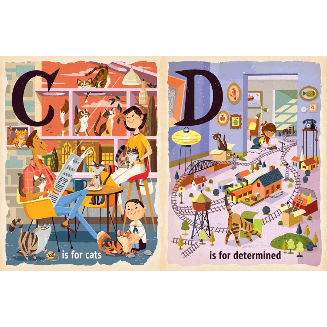 Two illustrated pages from a children's book showing 'C is for cats' and 'D is for determined'.