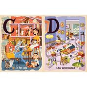 Two illustrated pages from a children's book showing 'C is for cats' and 'D is for determined'.