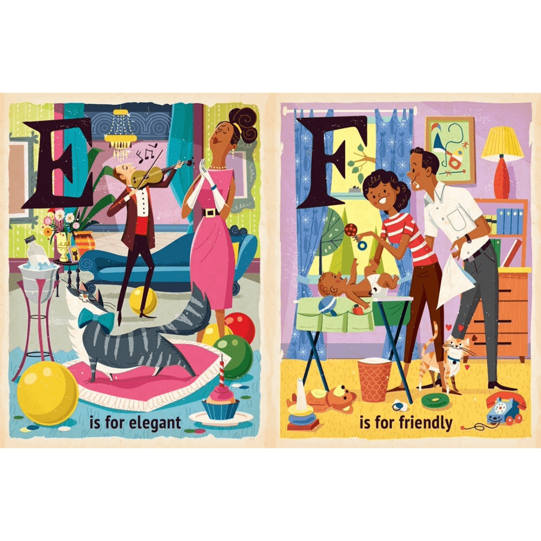 Illustrated book pages with 'E' for elegant and 'F' for friendly
