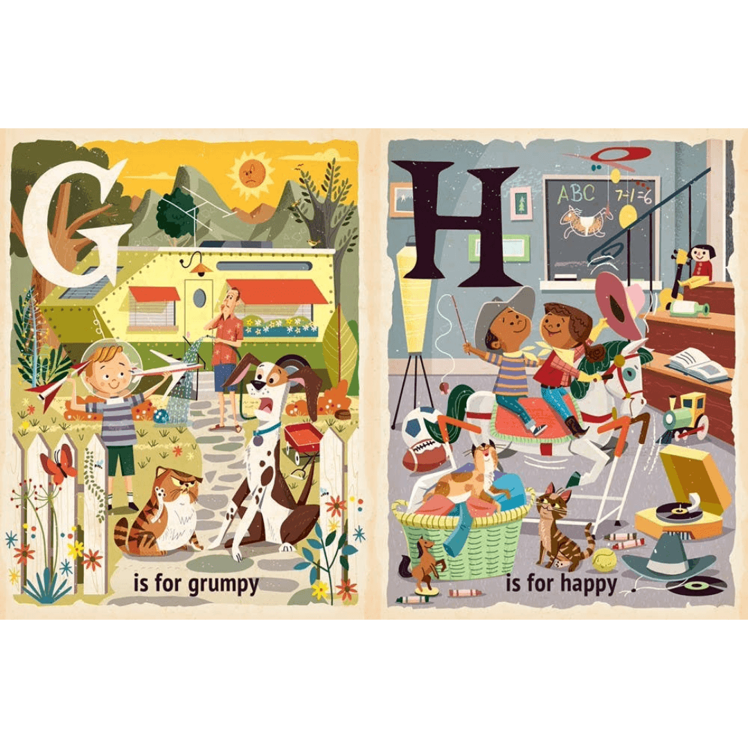 Illustrated book pages with letters 'G' and 'H' and corresponding scenes.