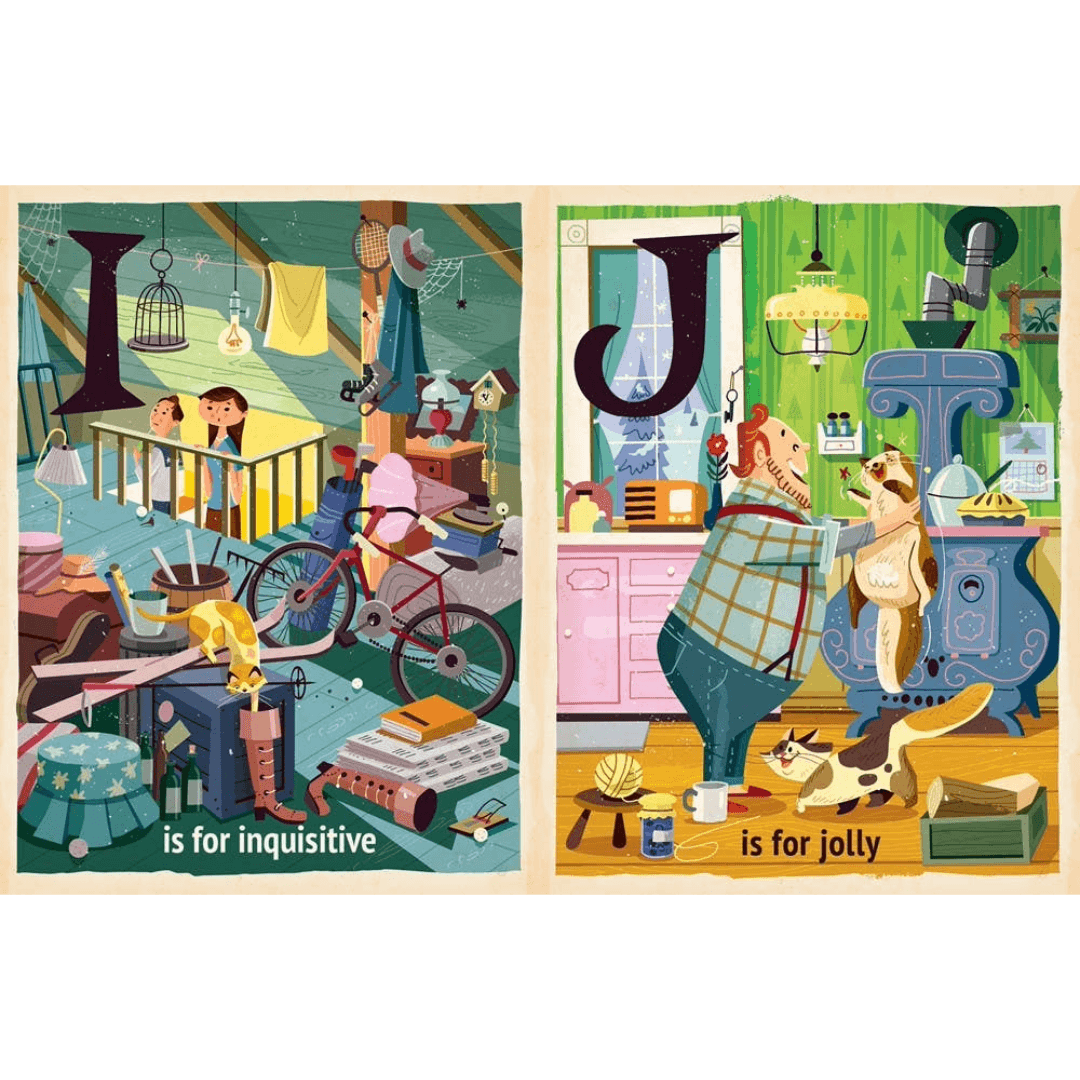 Two illustrated pages with characters and text, one labeled 'I is for inquisitive' and the other 'J is for jolly'.